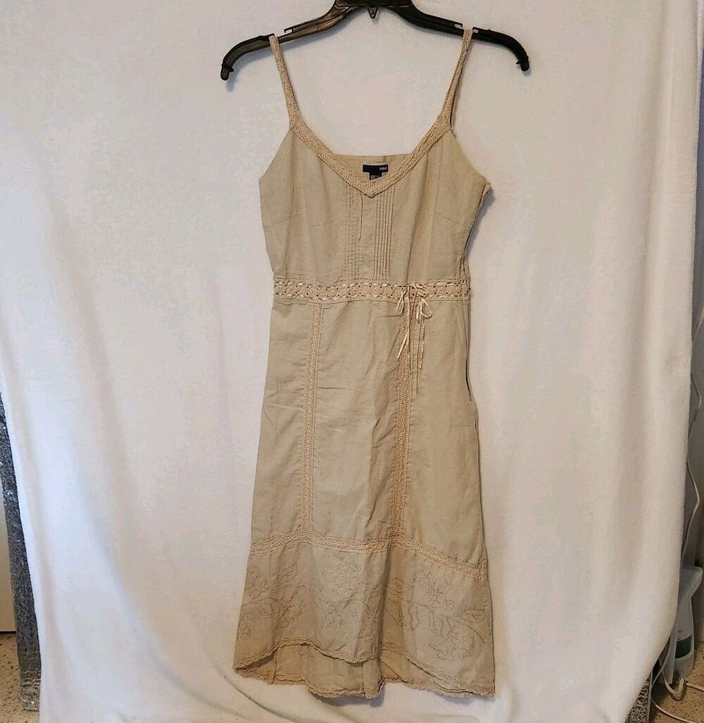H&M Women's Sz 8 Cream Linen Blend Dress Embroidered Crocheted Cottagecore